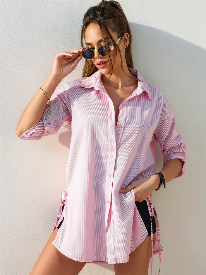 Royalfashion Памучна дълга дамска риза с райе и колан