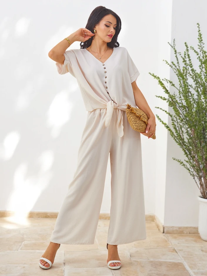 Royalfashion Дамски ежедневен комплект с блуза с къс ръкав и широки панталони