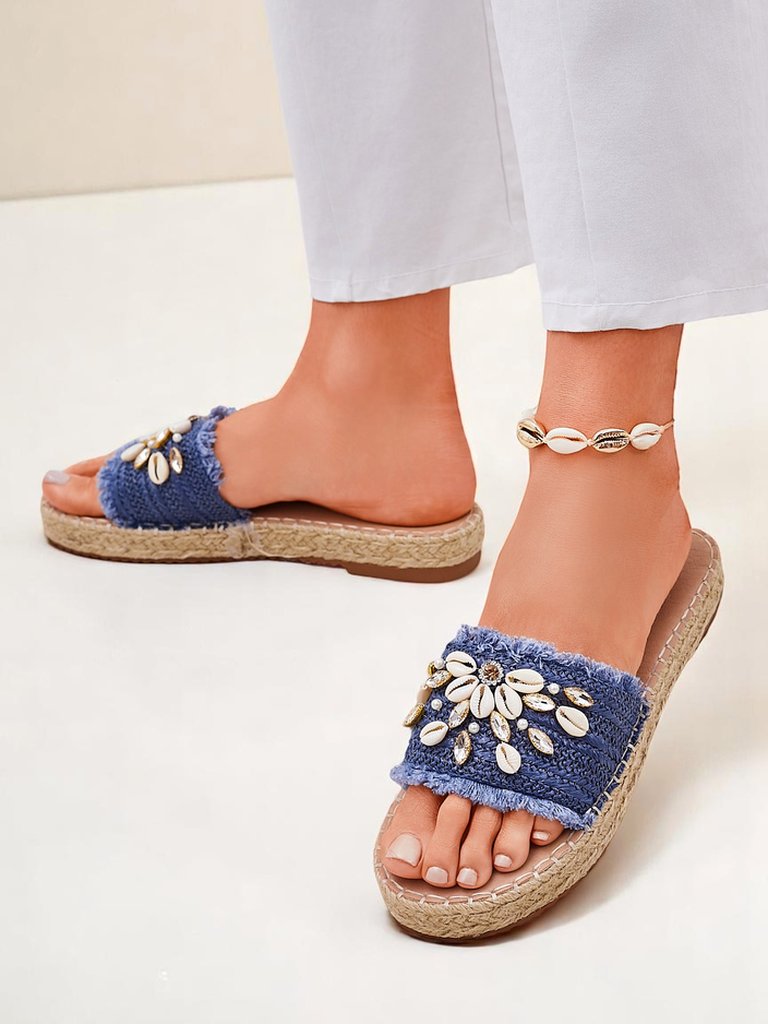 Летни чехли Royalfashion Calista – светлосини с мидички на плоска подметка