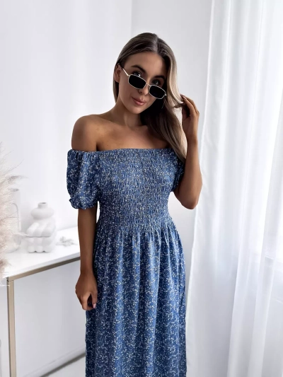 Синя дамска флорална миди рокля - Облекло