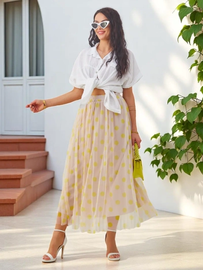 Розалфешън Дамска миди пола от вискоза с тюл на точки