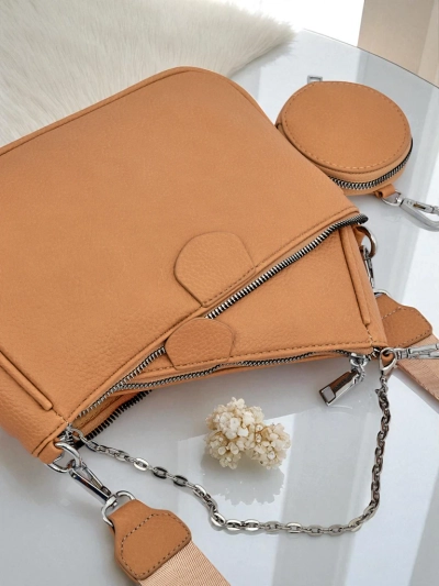 Дамска чанта Aurora Multi от еко кожа, светлокафява, верижка, цип