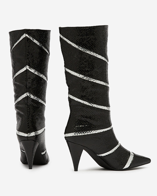 Черно-сребърни дамски ботуши на ток с релефни ивици Felifea- Обувки