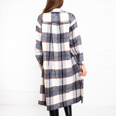 Granatowa długa koszula damska w kratę - Odzież