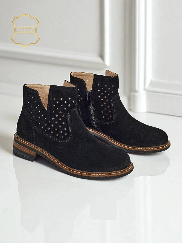 Велурени ажурни дамски боти Aurelia Nero с плосък ток 3 см