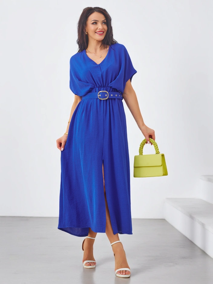 Рокля миди за жени с къси ръкави, V-образно деколте и цепка в средата