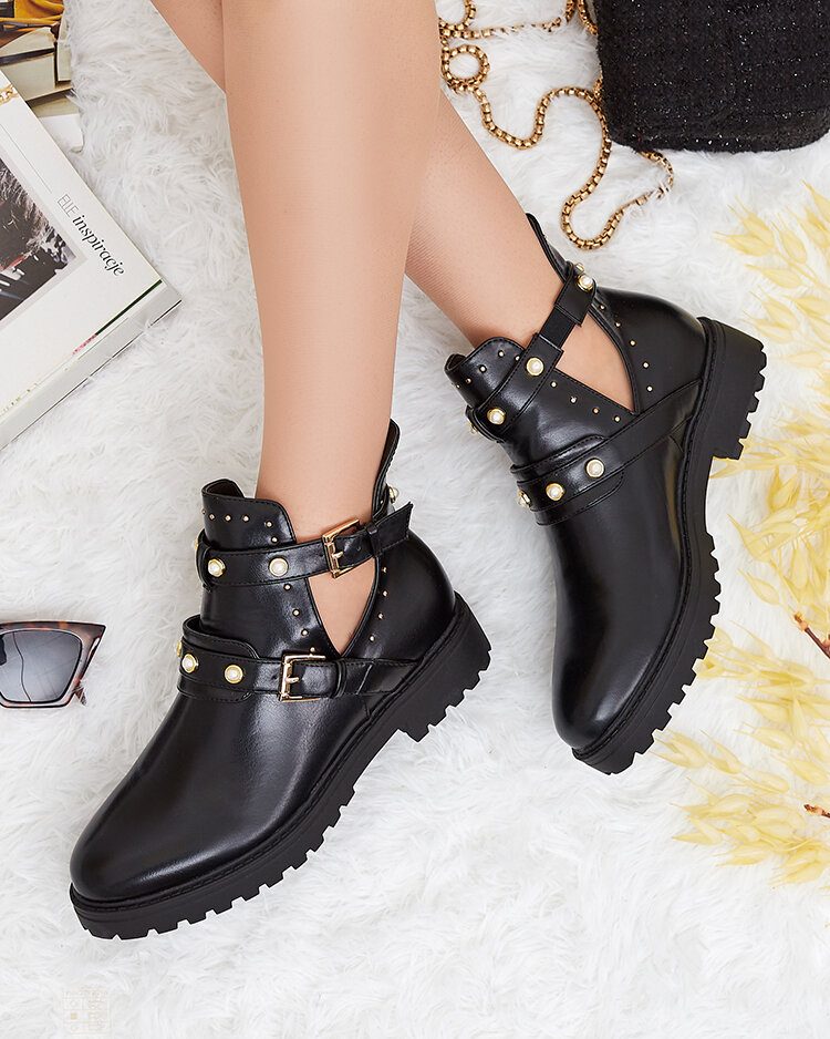 Royalfashion Черни дамски ботуши с украса и плосък ток Pearl Elegance