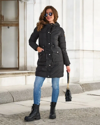 Черно дамско дълго зимно яке със синтетична изолация - облекло