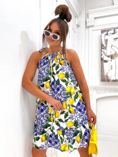 Royalfashion дамска мини рокля с тънки презрамки и колан на талията с модерен лимонов принт