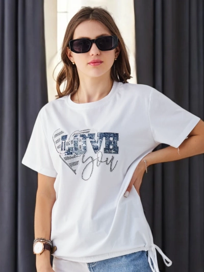 Royalfashion Дамска памучна тениска LOVE с камъчета