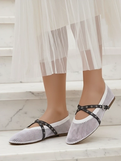 Балеринки Royalfashion Calista Bianca – мрежести бели дамски обувки с черни ленти
