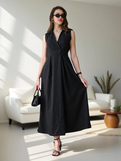 Дамска безръкавица рокля Royalfashion с обгръщаща яка Bizness