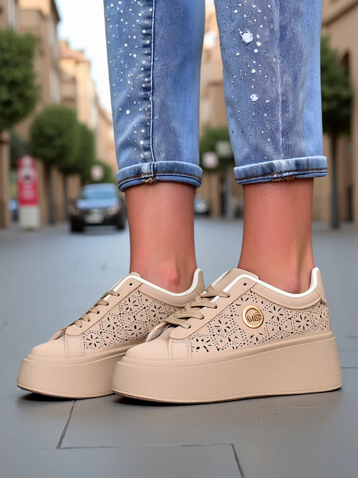 Дамски сникърси платформа Callista Royalfashion екрю еко кожа