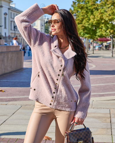 Royalfashion Кафяв дамски пуловер без копчета с джобове