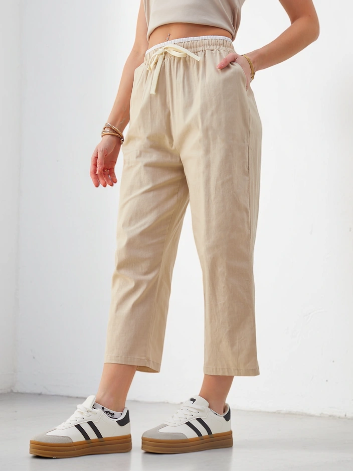 Роялфешън памучни широки женски панталони с връзка