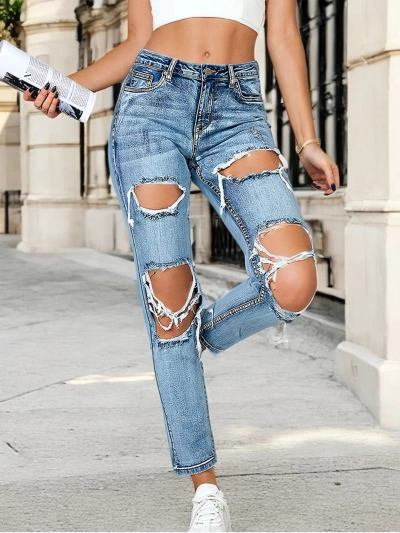 Royalfashion Дамски дънки тип "туба" с протриване