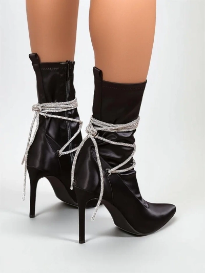 Стилето дамски боти до глезена с капси от ръчно изработени камъни Glamese