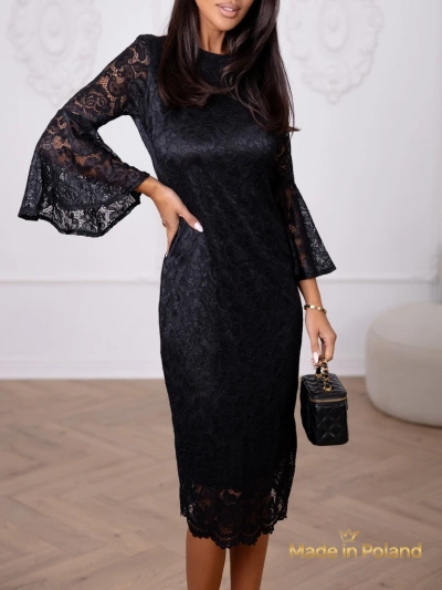 Дамска миди рокля с дантела и широки ръкави Holly Wow