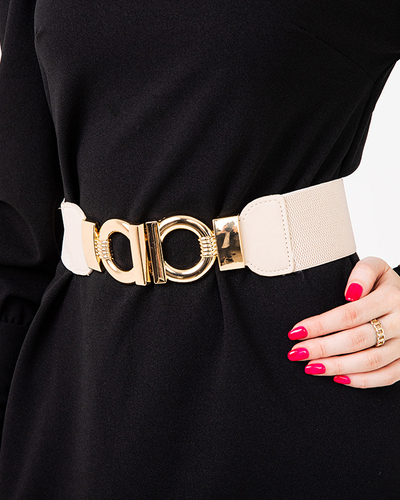 Beżowy elastyczny pasek z ozdobną złotą klamrą - Akcesoria