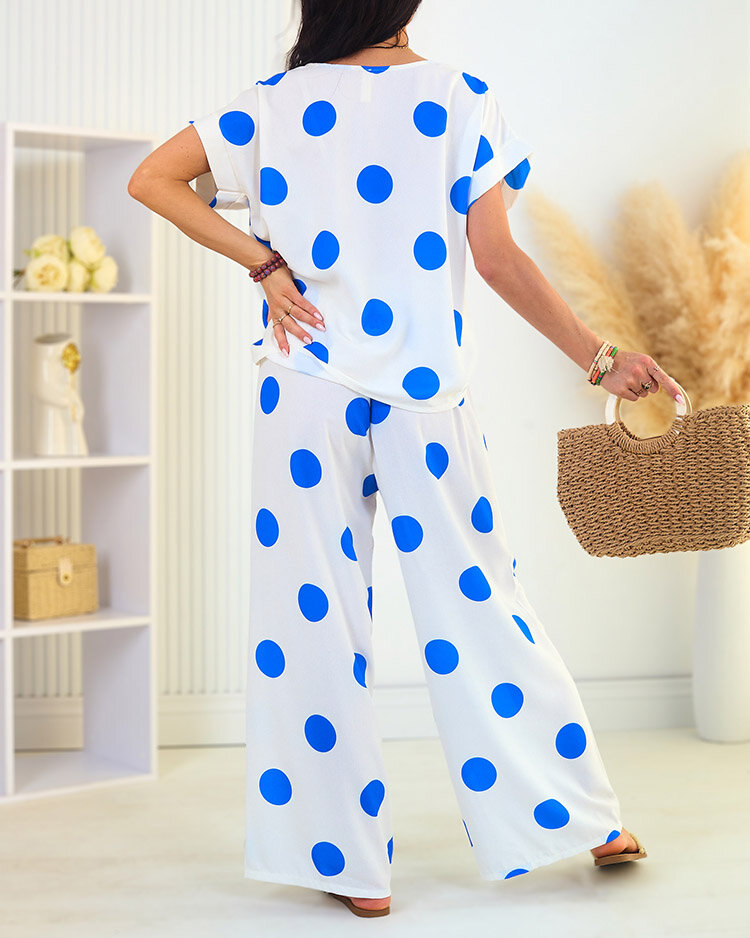 Royalfashion Дамски комплект с грах в кобалтово бяло