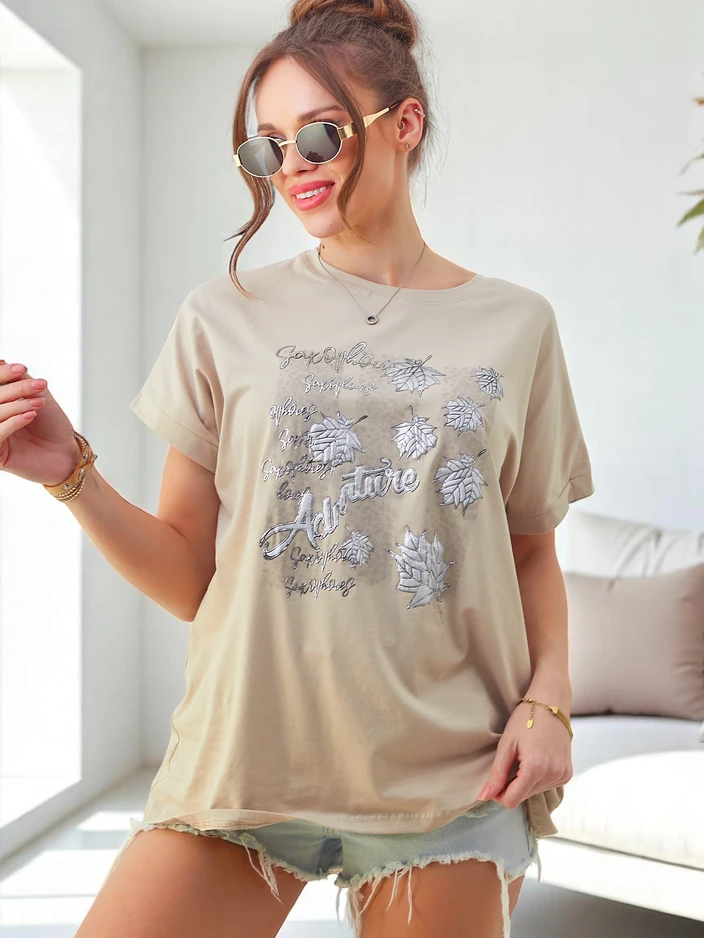 Royalfashion Дамска памучна тениска с принт на листа