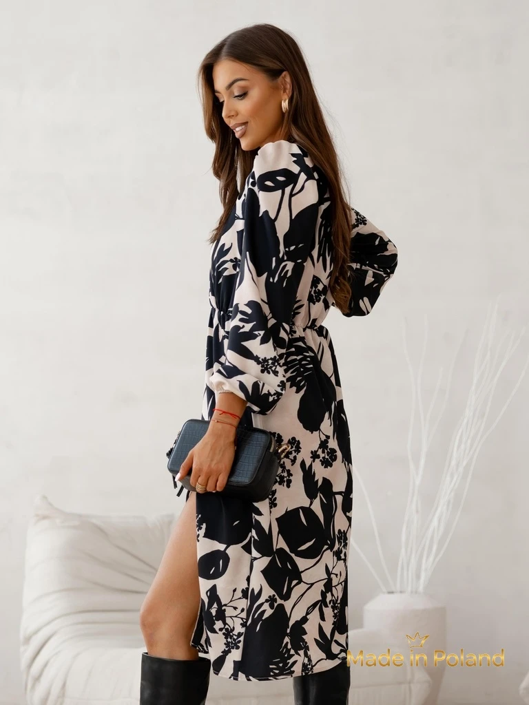 Рокля Apollonia Midi Бежова с Дълъг Ръкав и Флорален Мотив