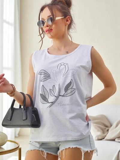 Рокля с ръкави без ръкави от памук Royalfashion с камъни с цвета на цветя