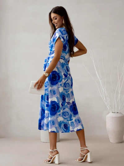 Рокля миди за жени с къси ръкави, обвита яка с рози