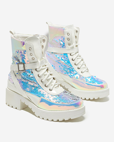 Białe damskie botki z cekinami Impresa - Obuwie