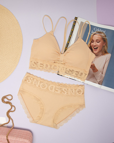 Beżowy damski komplet bielizny z koronką - Bielizna