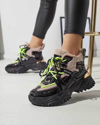 Черни дамски спортни обувки с кожа и неоново жълти връзки Adbo- Footwear