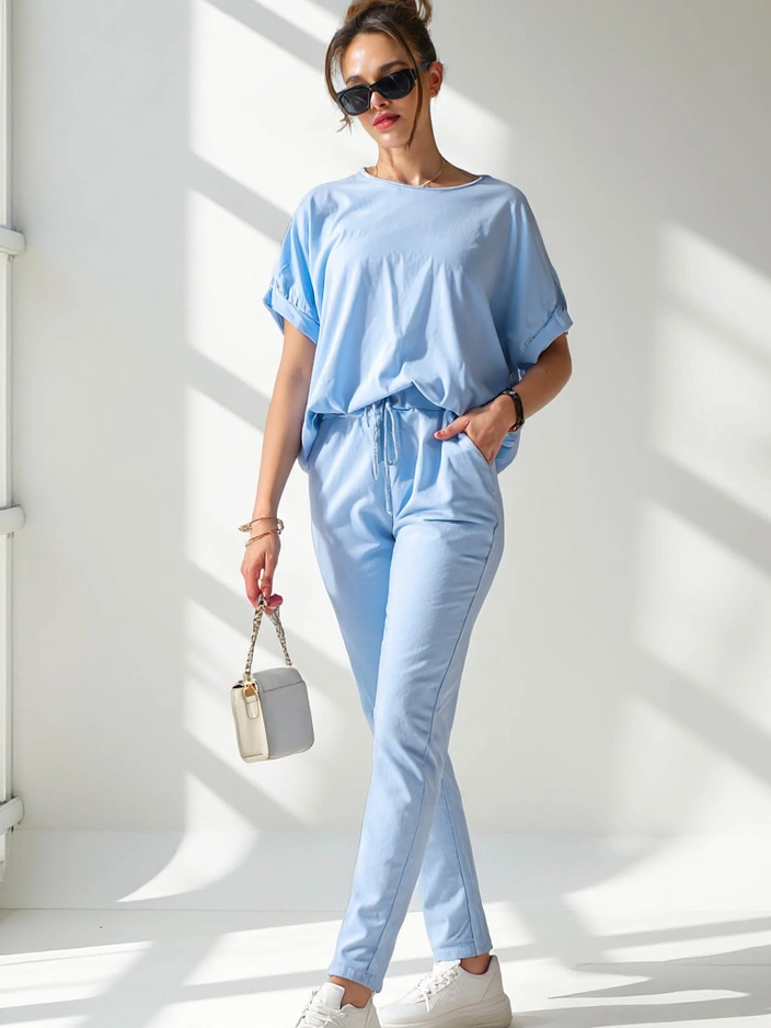 Royalfashion Дамски памучен комплект с къс ръкав и прави панталони