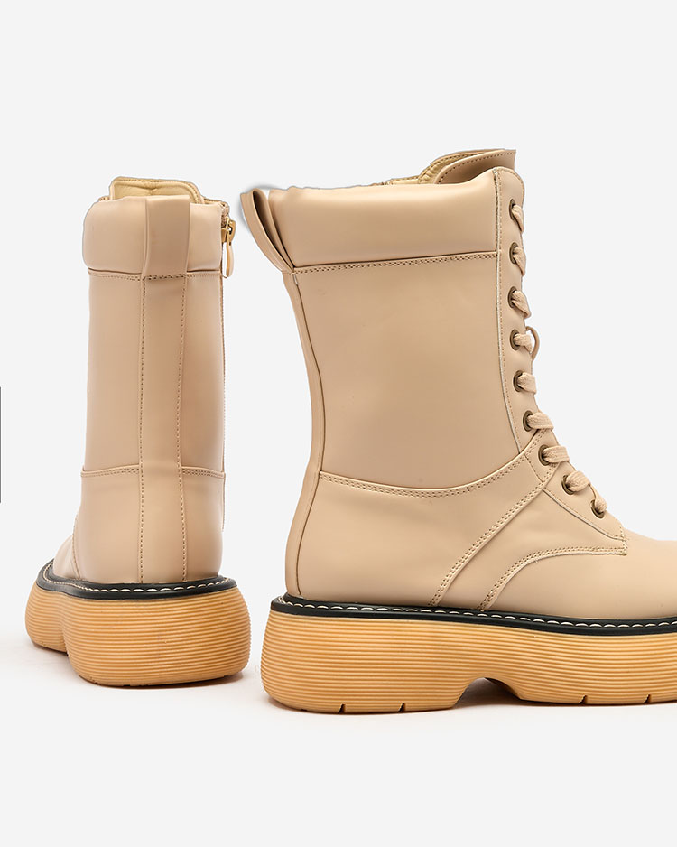 Royalfashion Бежови дамски ботуши с връзки на масивна подметка Diret