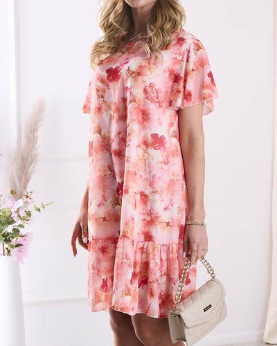 Дамска рокля до коляното с принт и къдрички в оранжево- Облекло