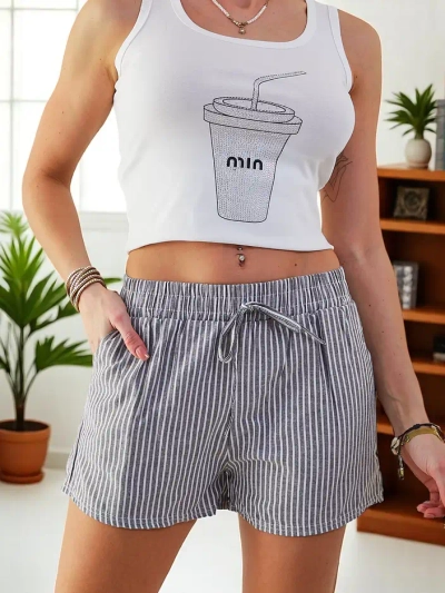 Къси дамски панталони Royalfashion от памук с еластична лента и връзки на талията