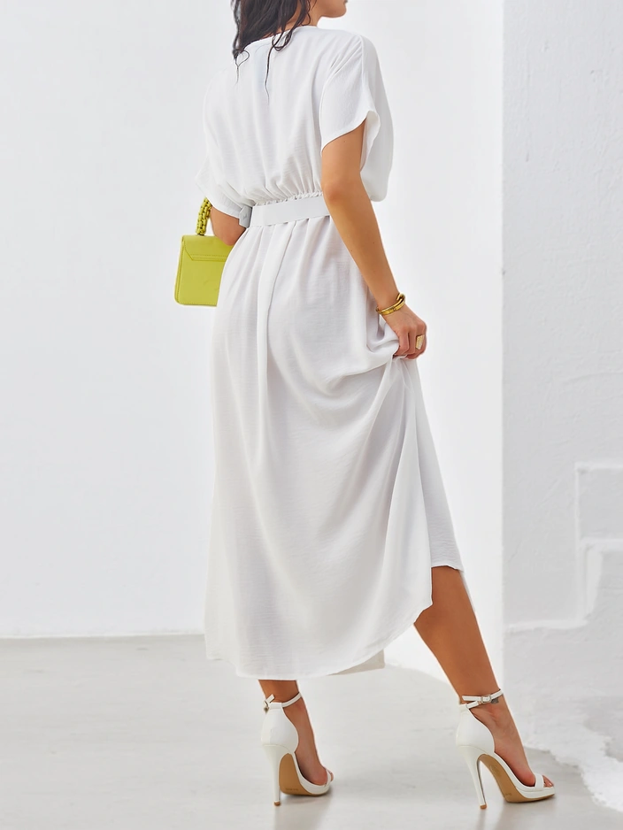 Рокля midi с къс ръкав за жени Royalfashion, с V-образно деколте и преден разрез