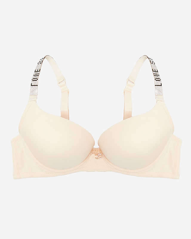 Бежов едноцветен сутиен с подплънки и украсени презрамки - Бельо