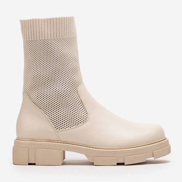 OUTLET Ażurowe beżowe damskie botki na płaskim obcasie Roibu - Obuwie