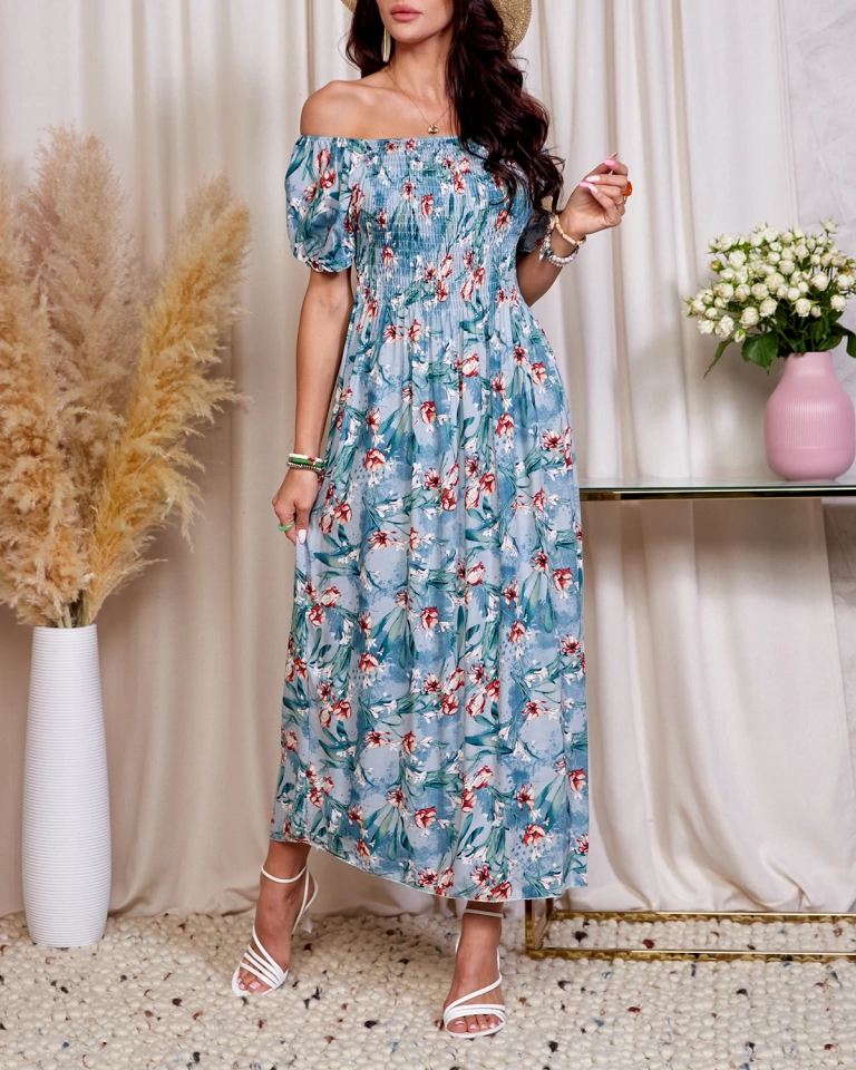 Синя дамска флорална миди рокля - Облекло