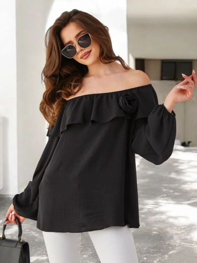 Royalfashion дамска блуза с открити рамене и волани и цвете