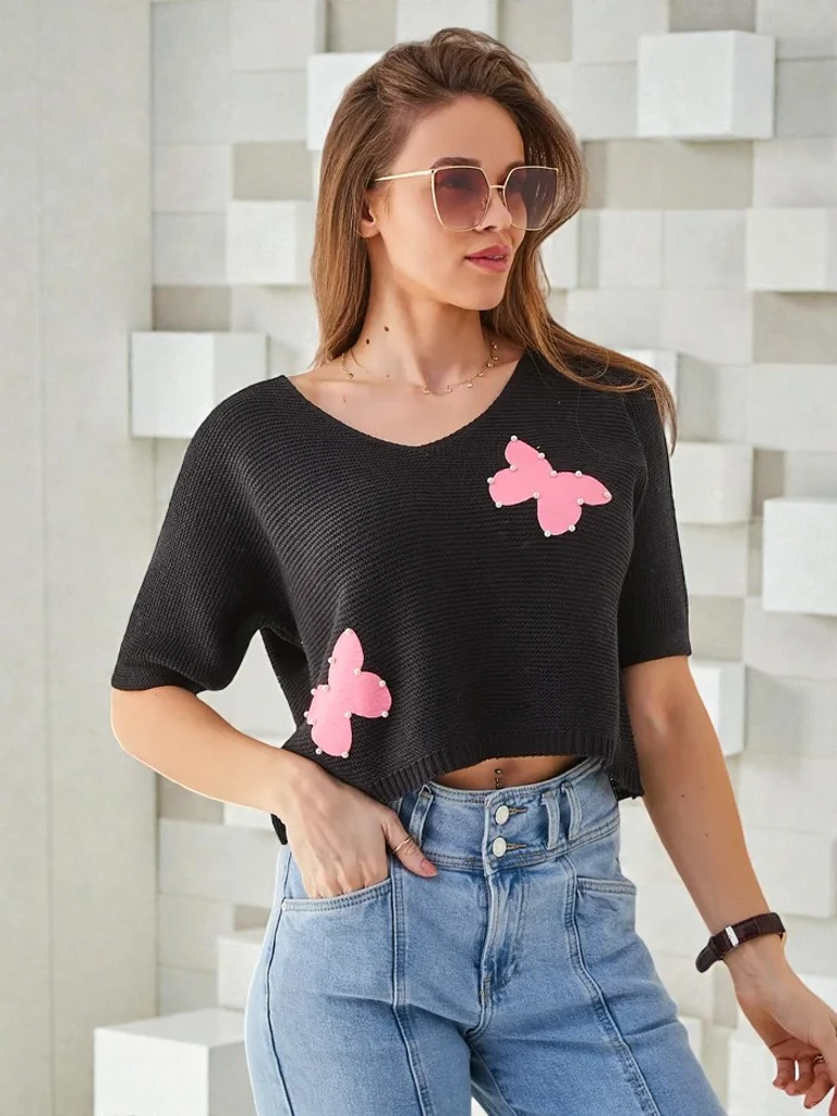 Royalfashion дамски памучен къс пуловер с пеперуди