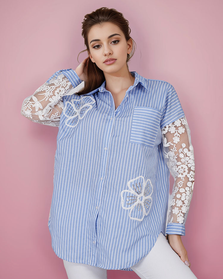 Royalfashion Дамска раирана риза с дантела