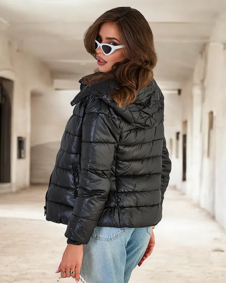 Royalfashion Черно дамско ватирано яке с качулка