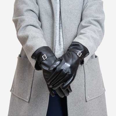 Черни класически дамски ръкавици от екокожа с катарама - Аксесоари