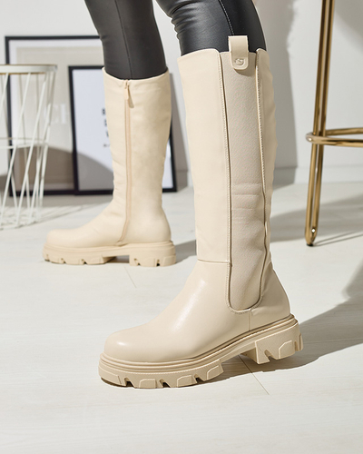 Кремави дамски ботуши до средата на прасеца Vebissa- Обувки