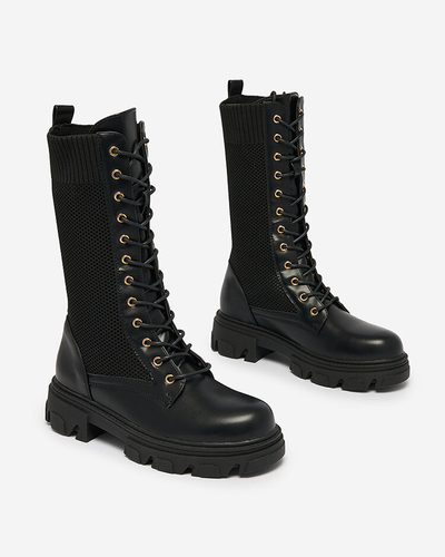 Royalfashion Ажурни черни дамски ботуши с плосък ток Kaliffo