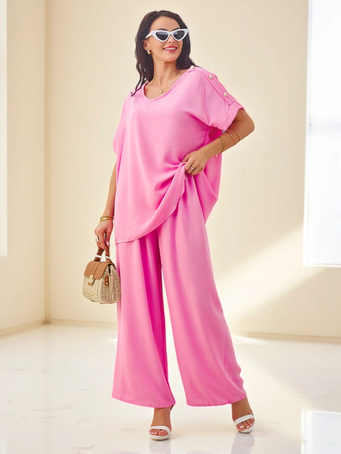 Royalfashion Дамски памучен комплект с къси ръкави и широки панталони