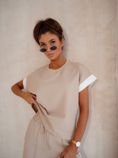 Royalfashion Дамски памучен комплект с къс ръкав и разширяващи се панталони