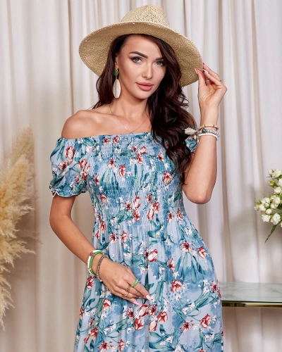 Синя дамска флорална миди рокля - Облекло