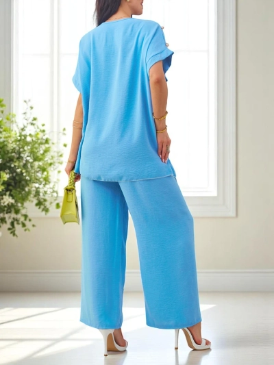 Royalfashion Женски памучен комплект с къси ръкави и широки панталони